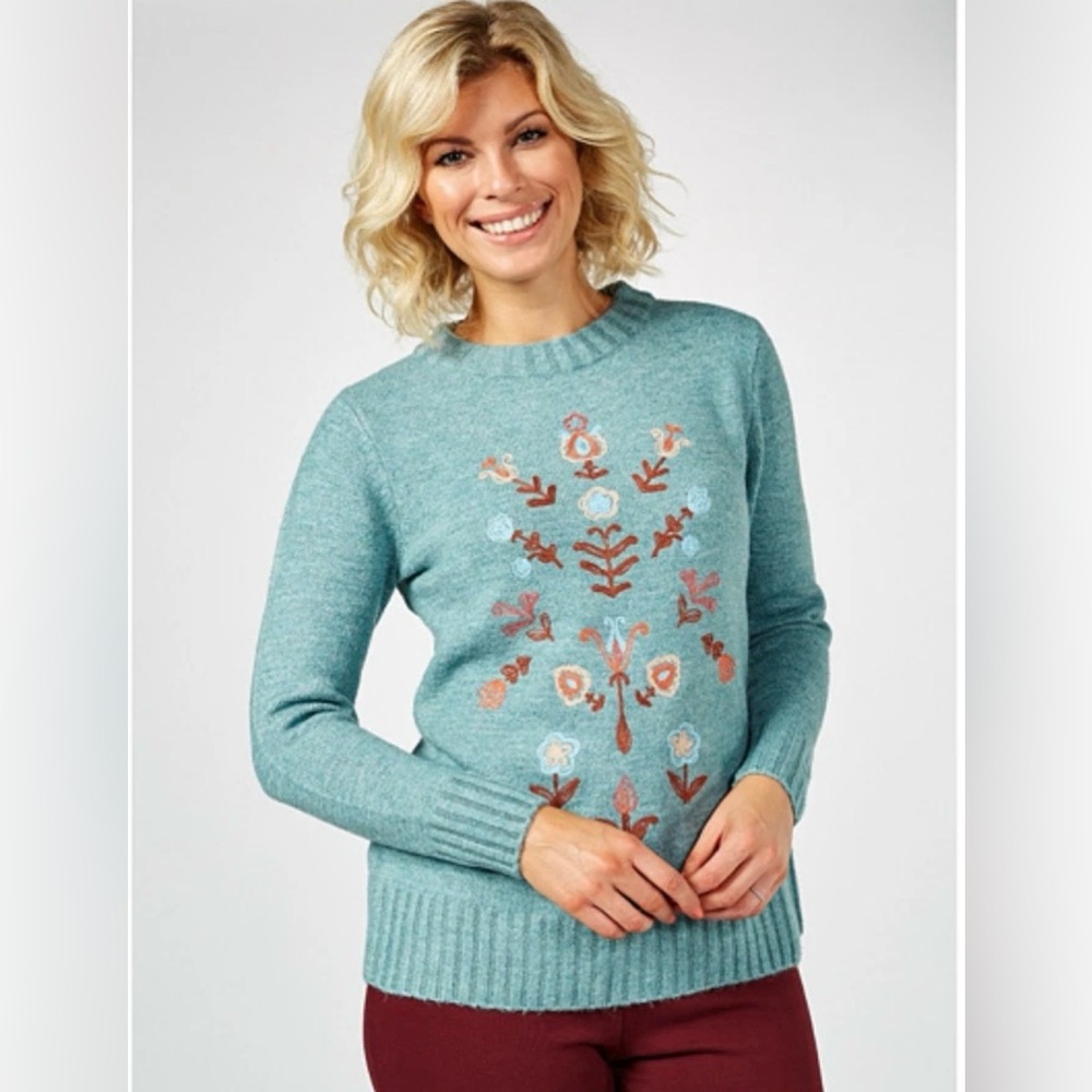 Denim & Co. Dusty Aqua Embroidered Sweater